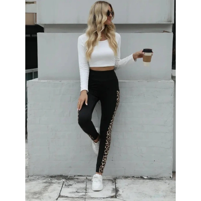 Kadın Yüksek Bel Leopar Desen Ve Cep Detaylı Dalgıç Tayt