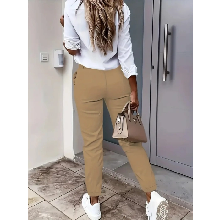 Kadın Yüksek Bel önden Düğmeli Cepli Bilek Lastik Detay Atlas Pantolon