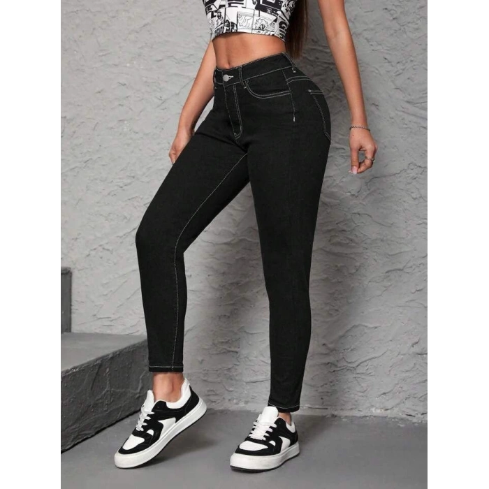 Kadın Yüksek Bel önden Düğmeli Dar Kesim Kot Pantolon