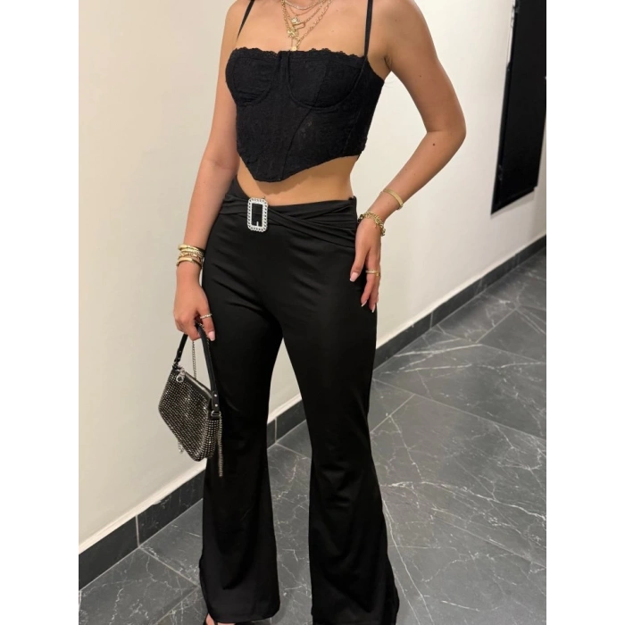 Kadın Yüksek Bel Tokalı Ispanyol Paçalı Dalgıç Pantolon