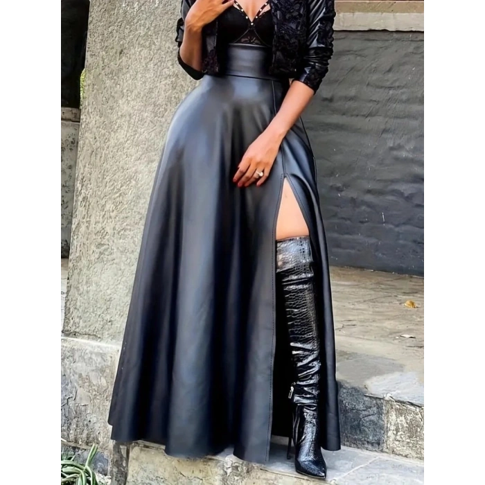 Kadın Yüksek Bel Uzun Yırtmaçlı Deri Etek