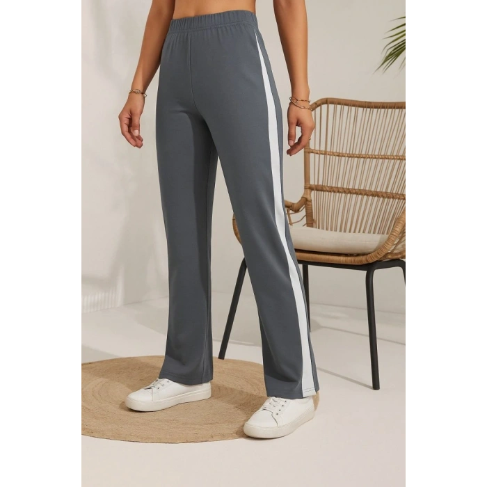 Kadın Yüksek Bel Yan şerit Detaylı Yırtmaçlı Viskon Iki Iplik Pantolon