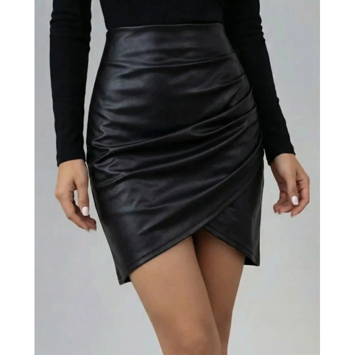 Kadın Yüksek Bel Yandan Fermuarlı Pileli Mini Deri Etek