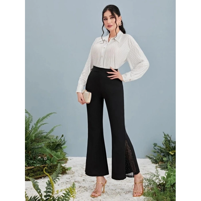 Kadın Yüksek Bel Yanları Tül Detaylı Dalgıç Tayt Pantolon