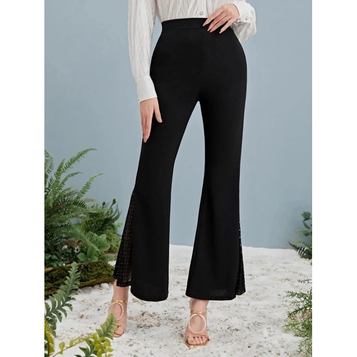 Kadın Yüksek Bel Yanları Tül Detaylı Dalgıç Tayt Pantolon