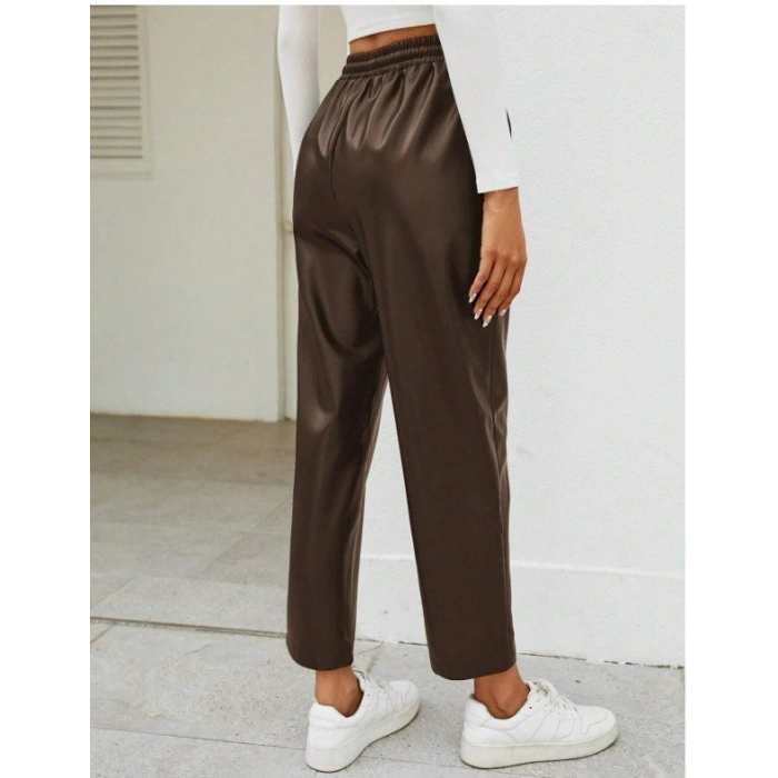 Kadın Yüksel Bel Bağcıklı Deri Pantolon