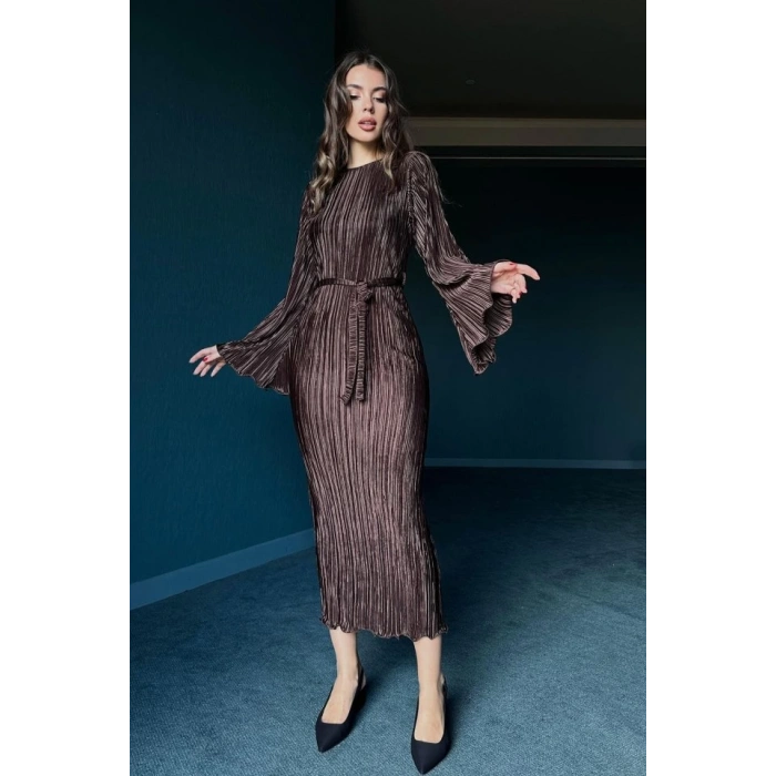 Kahverengi İspanyol Kol Piliseli Elbise