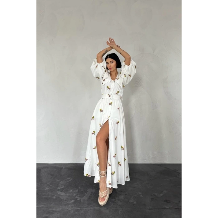 Kahverengi Yakası Çiçek Motifli Kemerli Elbise