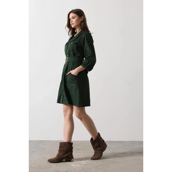 Kemer Detaylı Gabardin Elbise - Haki