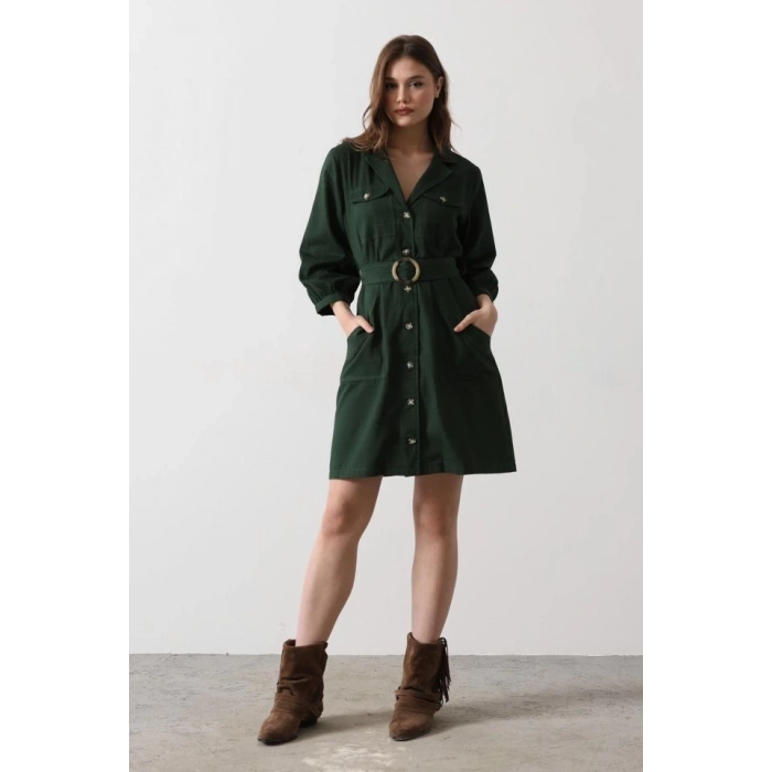 Kemer Detaylı Gabardin Elbise - Haki