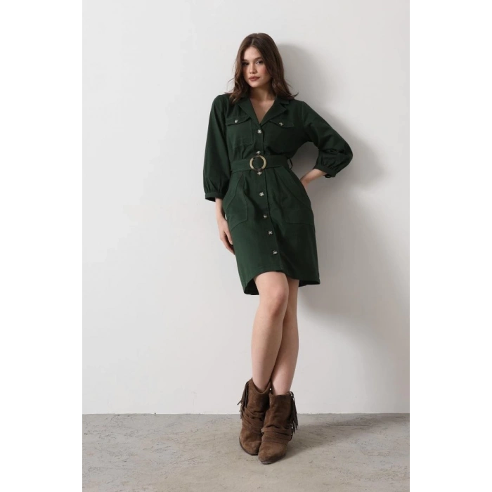 Kemer Detaylı Gabardin Elbise - Haki