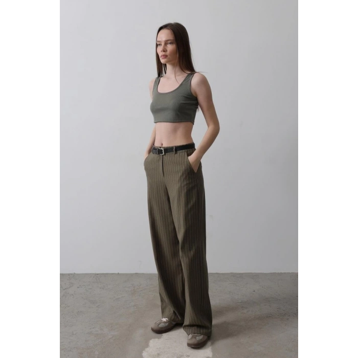 Kemerli Palazzo Pantolon - Haki-Beyaz