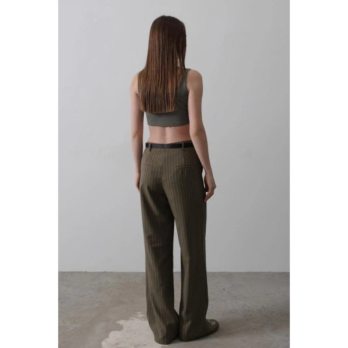 Kemerli Palazzo Pantolon - Haki-Beyaz