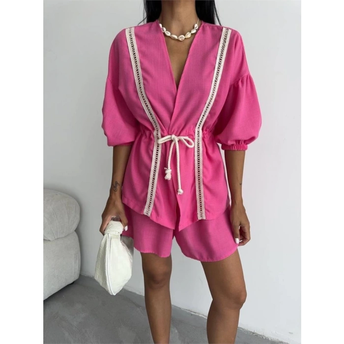 KETEN BEL BÜZGÜLÜ BLUZ-PANTOLON TAKIM - Fuşya