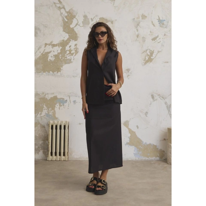 Keten Haki̇m Yaka Kolsuz Gömlek Etek Takim