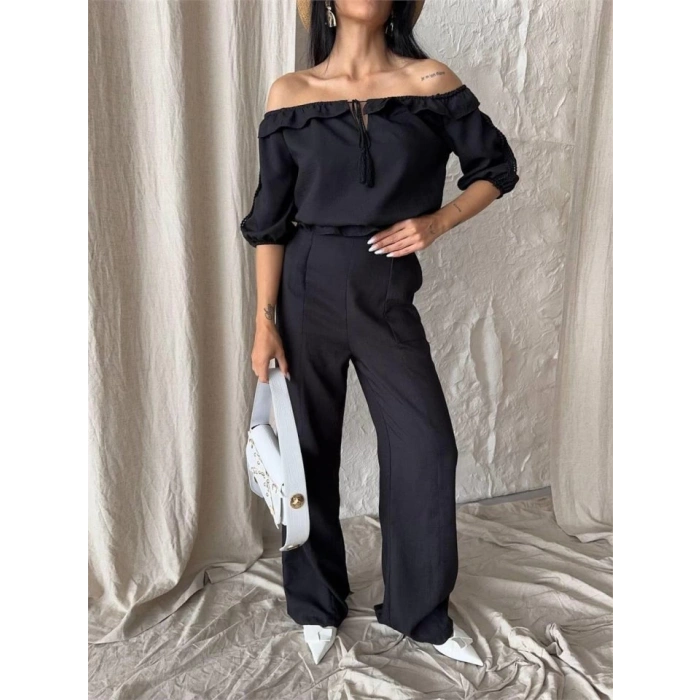 KETEN MADONNA YAKA KOL HASIR ŞERİT - PANTOLON TAKIM - Siyah