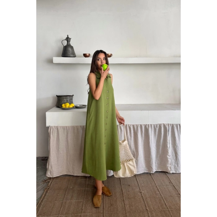 KETEN ÖNDEN DÜĞMELİ KOLSUZ GÖMLEK YAKA ELBİSE - Yağ Yeşili