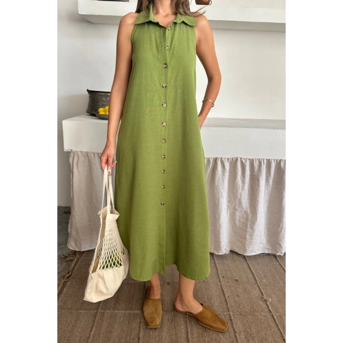 KETEN ÖNDEN DÜĞMELİ KOLSUZ GÖMLEK YAKA ELBİSE - Yağ Yeşili