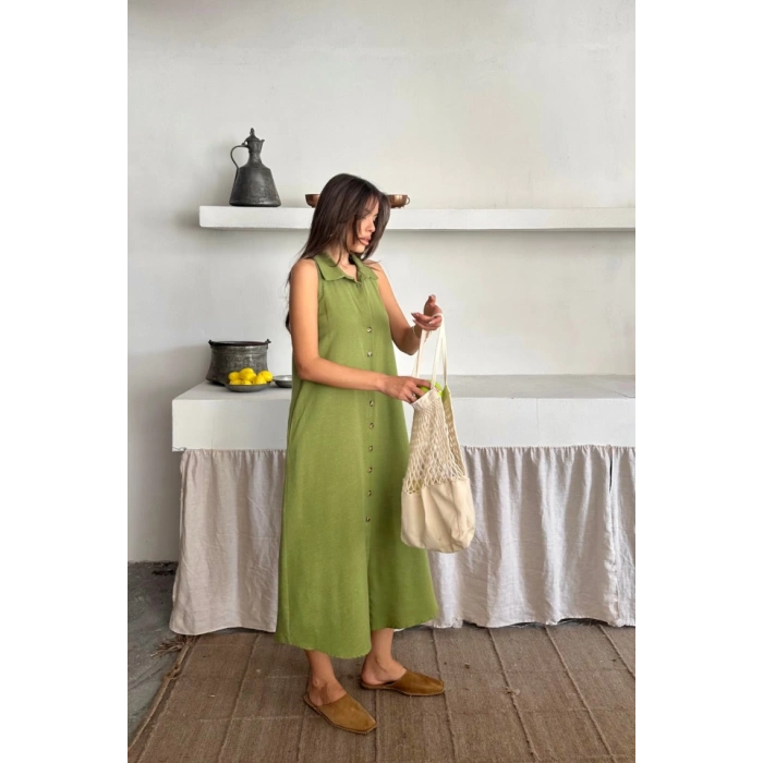 KETEN ÖNDEN DÜĞMELİ KOLSUZ GÖMLEK YAKA ELBİSE - Yağ Yeşili