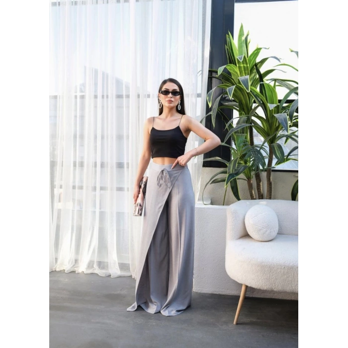 Keten Önü Çapraz Parçali Lasti̇kli̇ Ve Bağcikli Geni̇ş Paça Pantolon