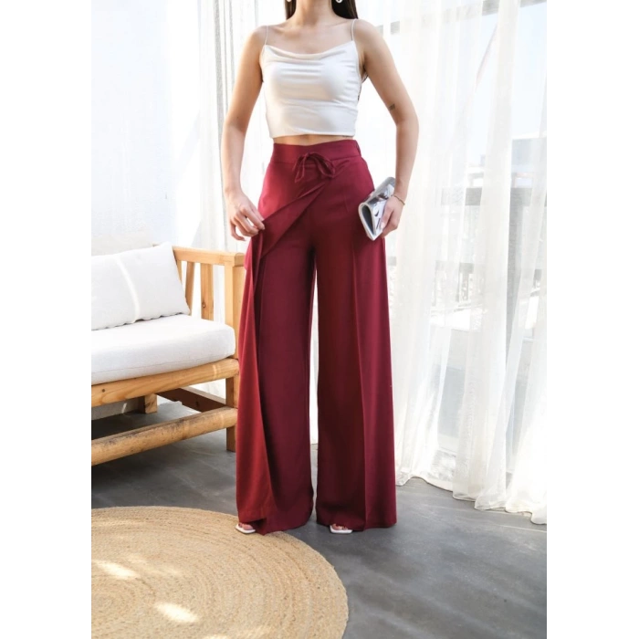 Keten Önü Çapraz Parçali Lasti̇kli̇ Ve Bağcikli Geni̇ş Paça Pantolon