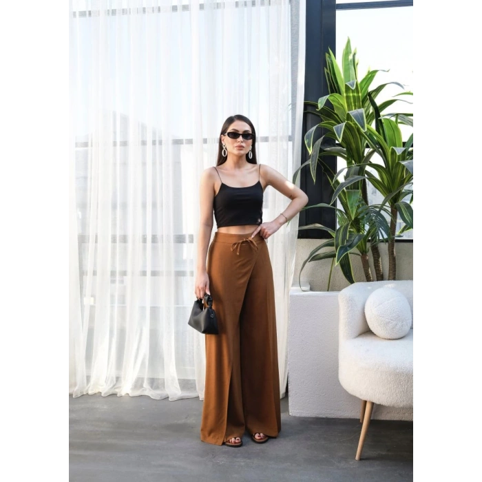 Keten Önü Çapraz Parçali Lasti̇kli̇ Ve Bağcikli Geni̇ş Paça Pantolon