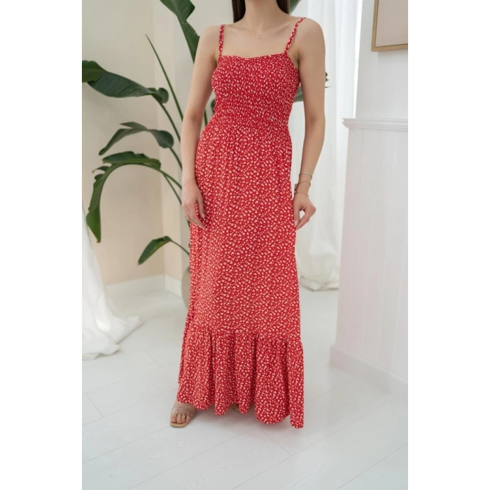 Kırmızı Eteği Fırfırlı Elbise