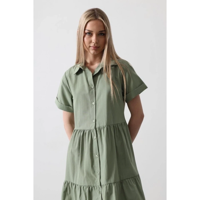 Kısa Kol Düğmeli Elbise - Haki