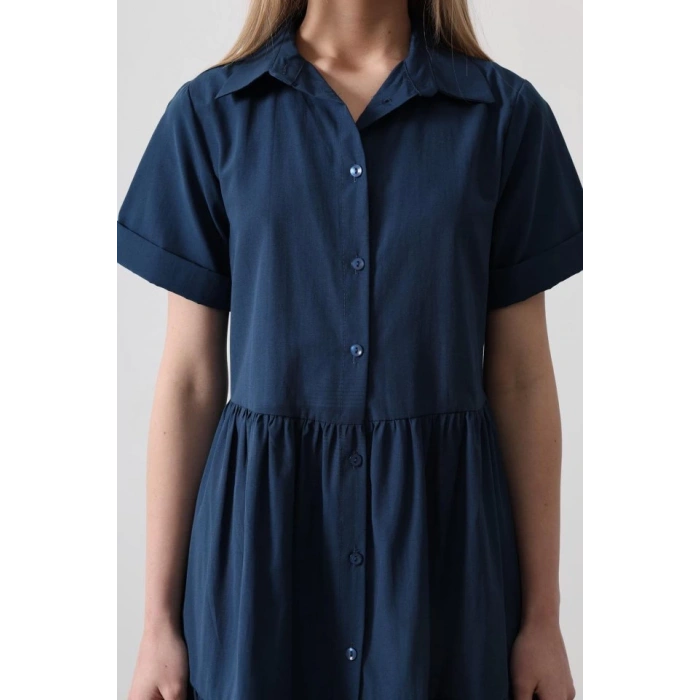 Kısa Kol Düğmeli Elbise - İndigo