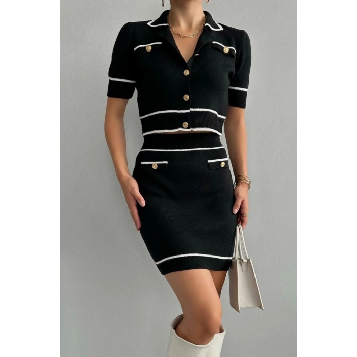 Kısa Triko Etekli Takım - Siyah-Krem