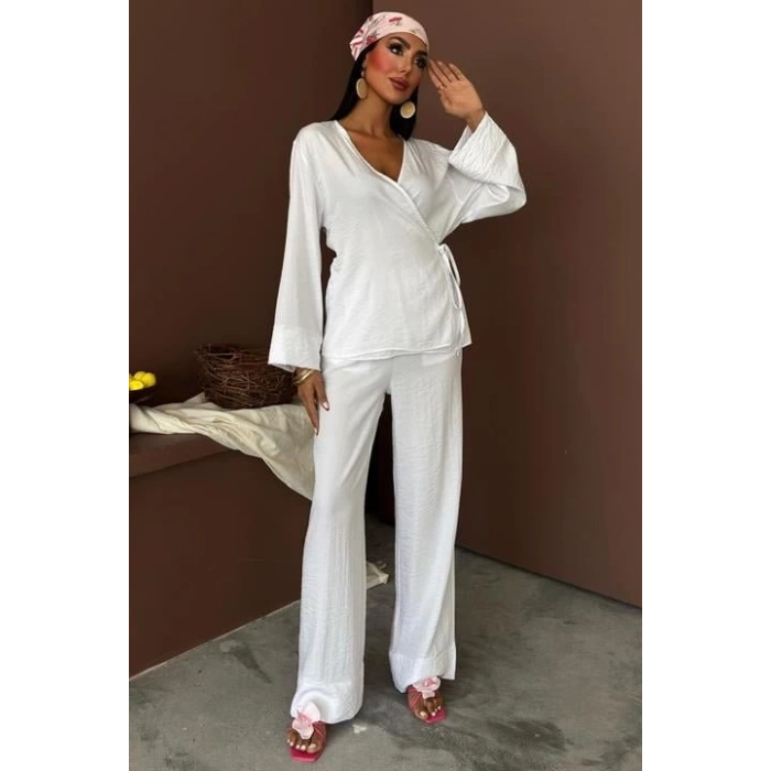 Kruvaze Model Klasik Pantolonlu Çupra Keten Takım 10191