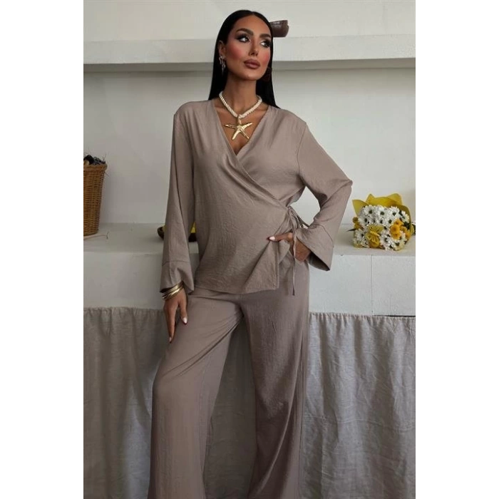 Kruvaze Model Klasik Pantolonlu Çupra Keten Takım 10191