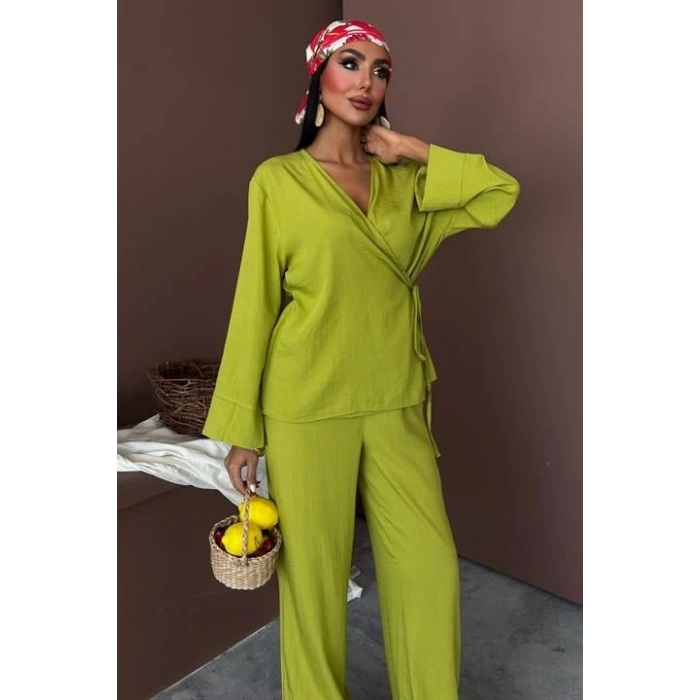 Kruvaze Model Klasik Pantolonlu Çupra Keten Takım 10191