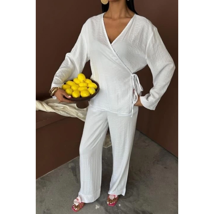 Kruvaze Model Klasik Pantolonlu Çupra Keten Takım 10191