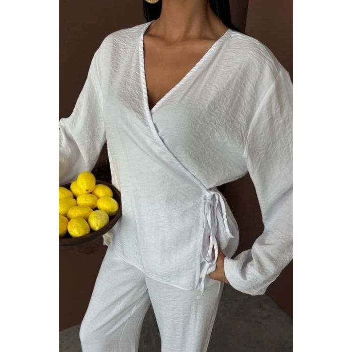 Kruvaze Model Klasik Pantolonlu Çupra Keten Takım 10191