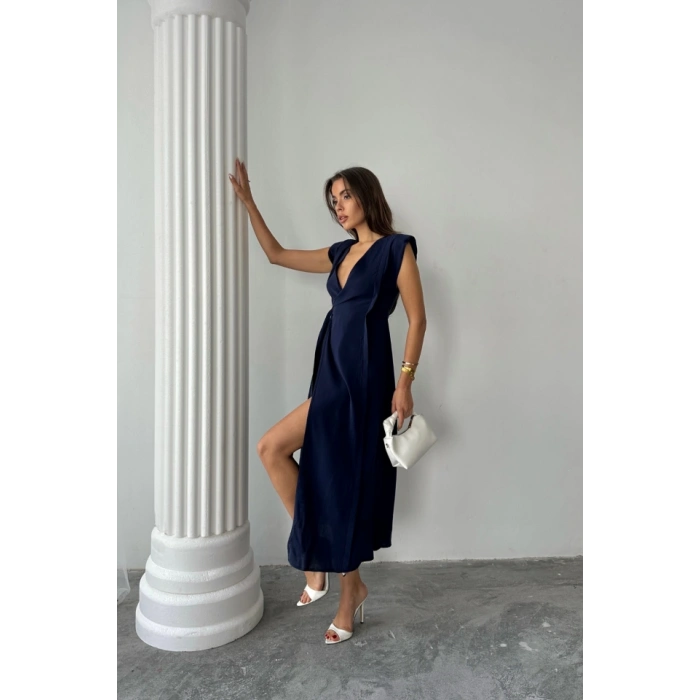 KRUVAZE VATKALI KOLSUZ ELBİSE MODAL KUMAŞ - Lacivert