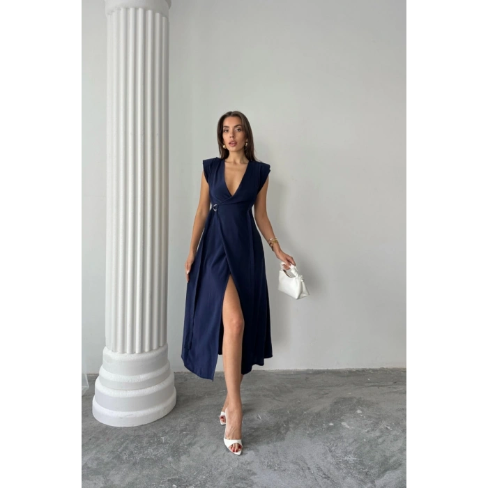 KRUVAZE VATKALI KOLSUZ ELBİSE MODAL KUMAŞ - Lacivert