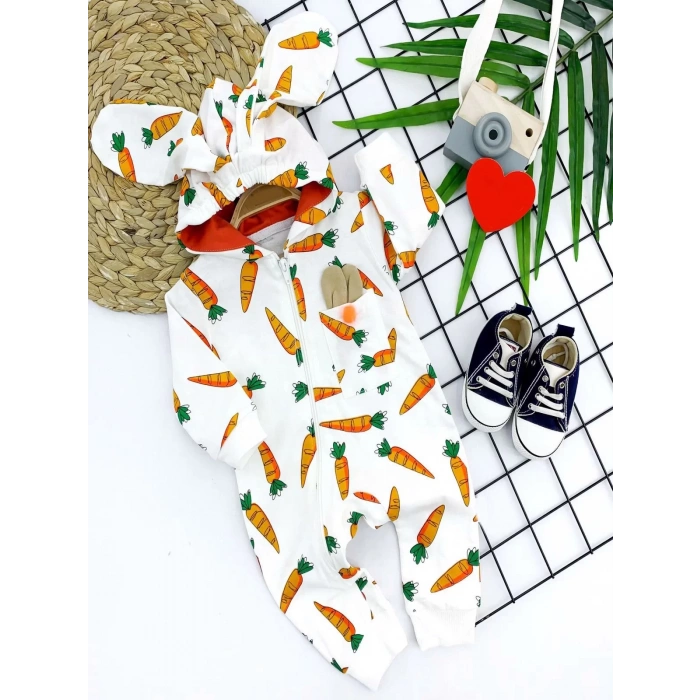 Kulaklı Kapşonlu Havuç Baskılı Uzun Kollu Kız Erkek Bebek Tulumu Ekru