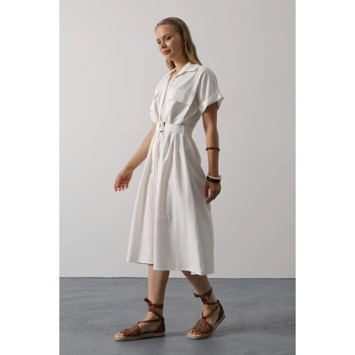 Kuşaklı Cep Detaylı Yarım Kol Elbise - Beyaz