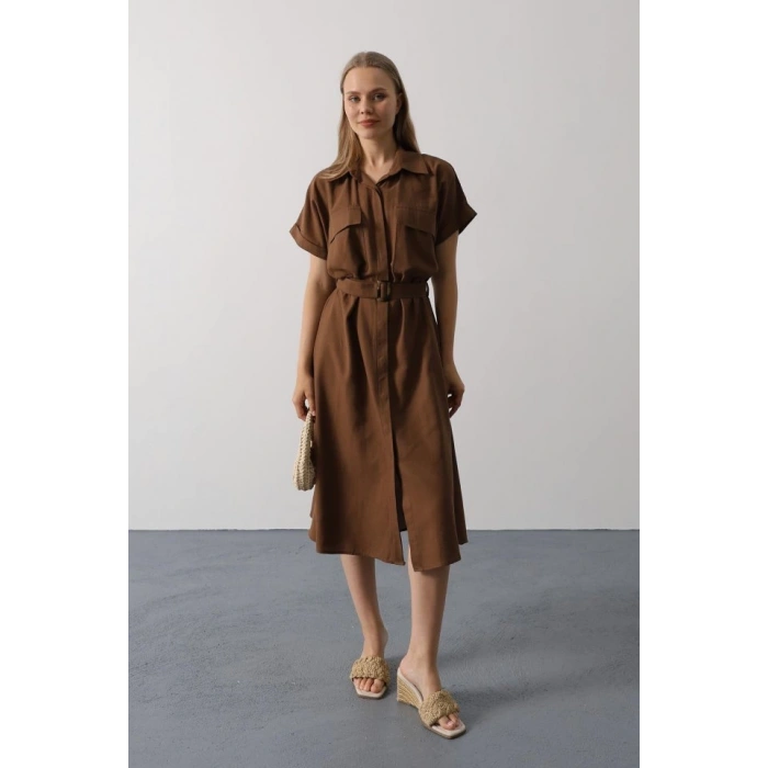 Kuşaklı Cep Detaylı Yarım Kol Elbise - Kahve