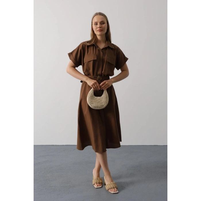 Kuşaklı Cep Detaylı Yarım Kol Elbise - Kahve
