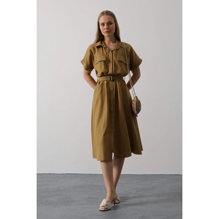 Kuşaklı Cep Detaylı Yarım Kol Elbise - Yağ Yeşili