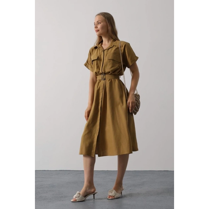 Kuşaklı Cep Detaylı Yarım Kol Elbise - Yağ Yeşili