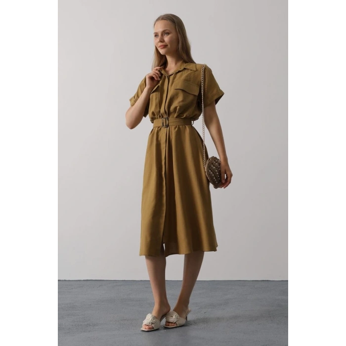 Kuşaklı Cep Detaylı Yarım Kol Elbise - Yağ Yeşili