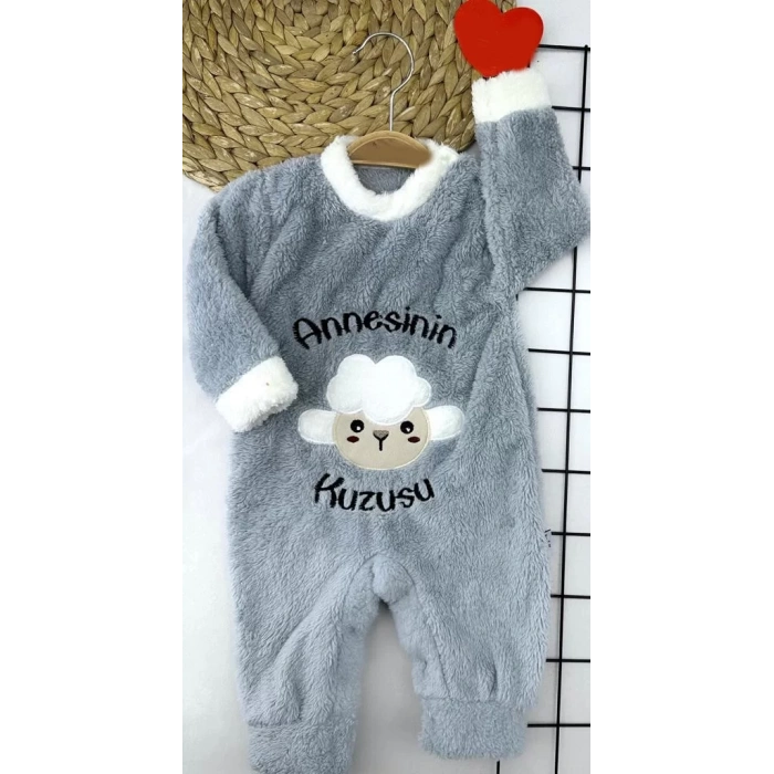 Kuzu Tüylü Kumaş Annesinin Kuzusu Nakışlı Alttan Çıtçıtlı Kız Erkek Bebek Tulumu