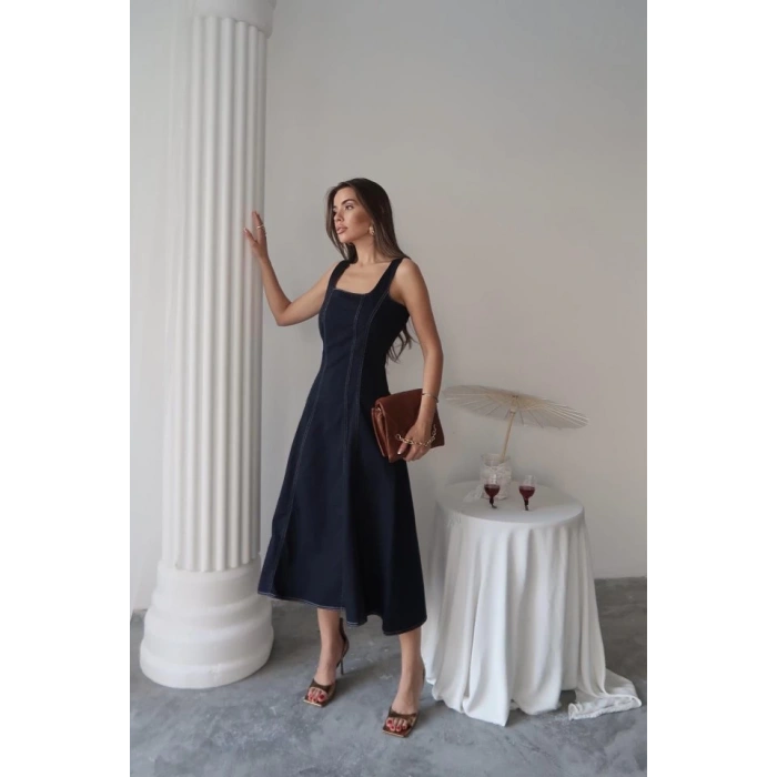 Lacivert Çift Dikişli Gabardin Elbise