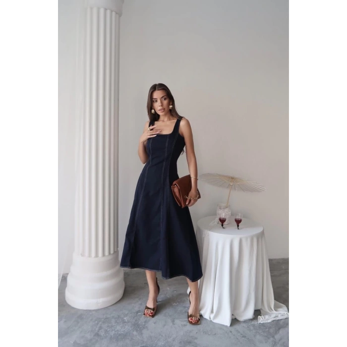 Lacivert Çift Dikişli Gabardin Elbise