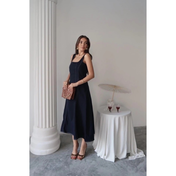 Lacivert Çift Dikişli Gabardin Elbise