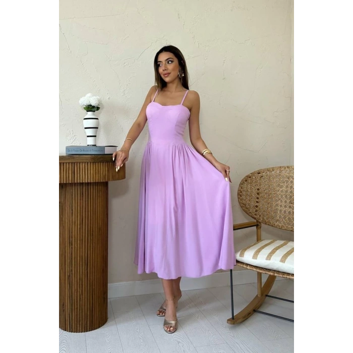 Lila Göğüs Kuplu Uzun Büzgülü Elbise