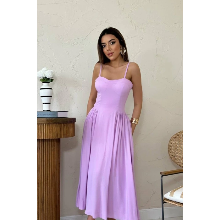 Lila Göğüs Kuplu Uzun Büzgülü Elbise